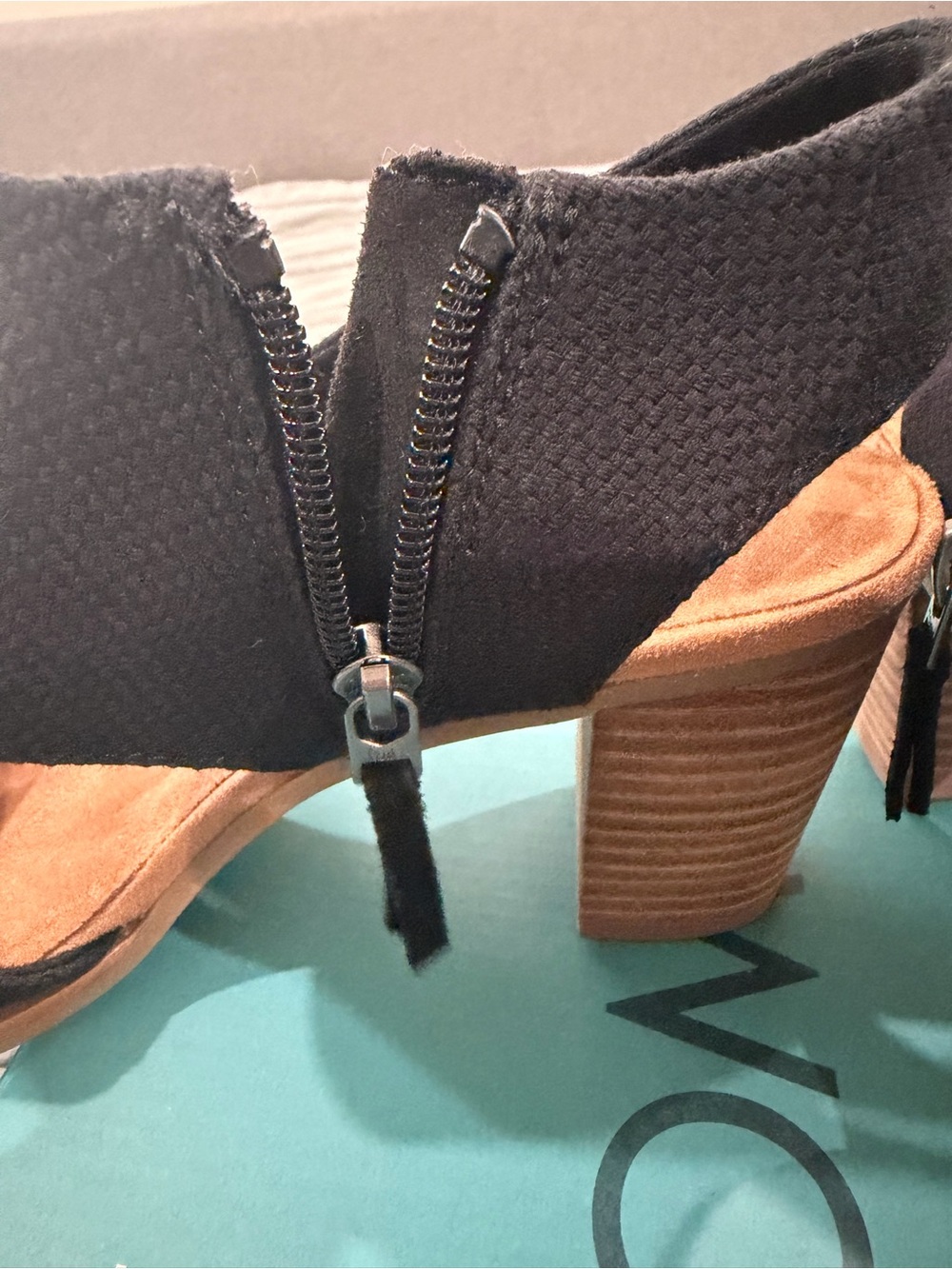 Toms Black Suede & Tan Stacked Block Heel Ankle Boot